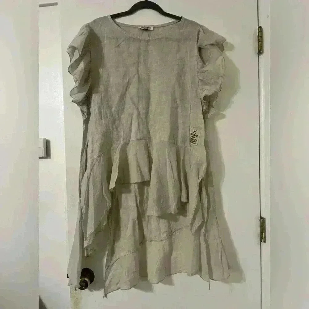 ACQUA & LIMONE  Lagenlook Flutter Sleeve Hi Low Asymmetrical Tunic L (G110)